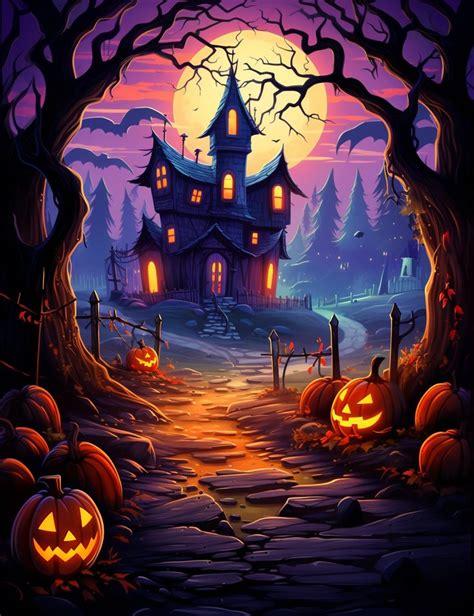 Halloween art, halloween pumpkins artwork, haunted house halloween art ...