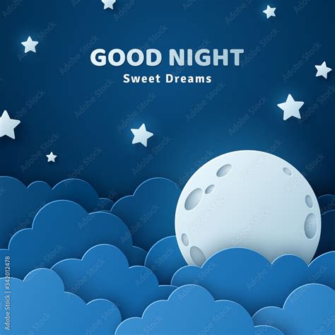 Good night and sweet dreams banner. Fluffy clouds on dark sky ...