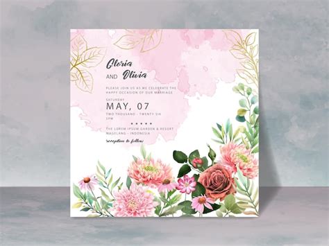 Hermosa tarjeta de invitación de boda de flores Vector Premium