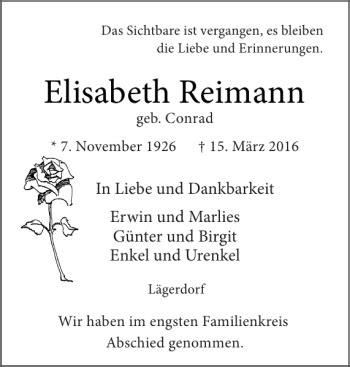 Traueranzeigen Von Elisabeth Reimann Sh Z Trauer