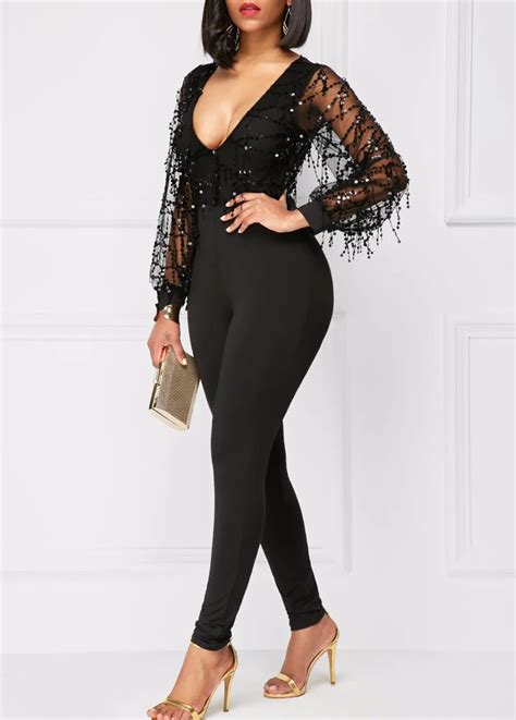 Sexy Club Party Women Skinny Jumpsuits Autumn Deep V Collar Long Sleeve