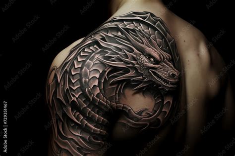 Black dragon tattoo on skin. Black dragon tattoo on back. Men's tattoo ...