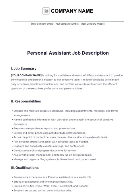 Free Personal Assistant Job Description Template to Edit Online 
