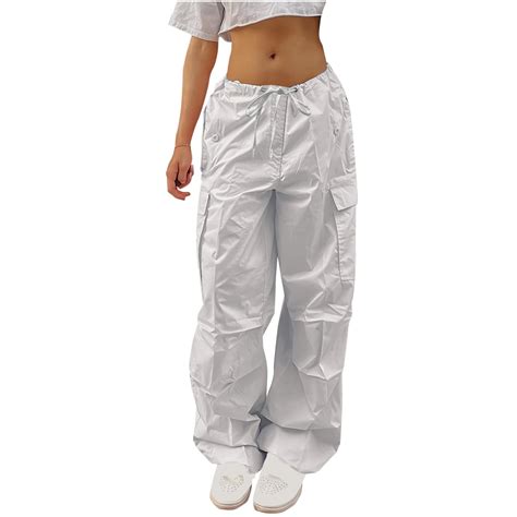 Yanhoo Womens Cargo Pants Low Rise Flap Pocket Parachute Pants Baggy