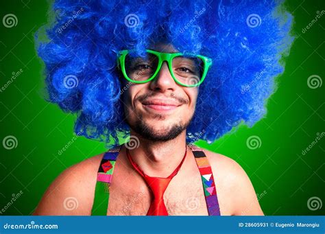 Funny Guy Naked With Blue Wig And Red Tie Stock Image Image Of Face Carnival