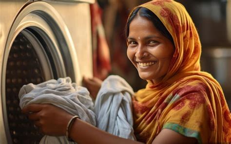 Premium Ai Image Indian Woman With Washing Machine