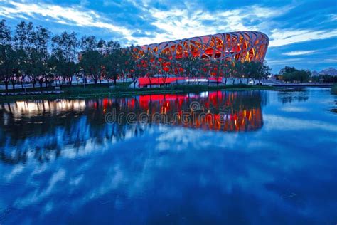 Bird's Nest, Beijing National Stadium at Night Stock Image - Image of ...