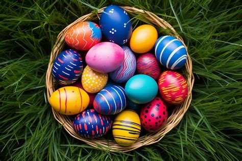 Premium Photo Basket Of Colorful Easter Eggs On Green Grass