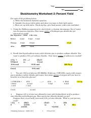 Stoichiometry Worksheet Percent Yield Problems Course Hero