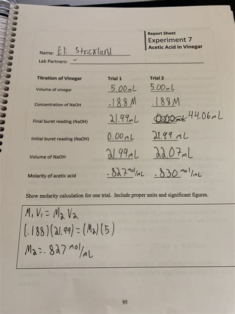 Solved Report Sheet Experiment 7 Acetic Acid In Vinegar Chegg