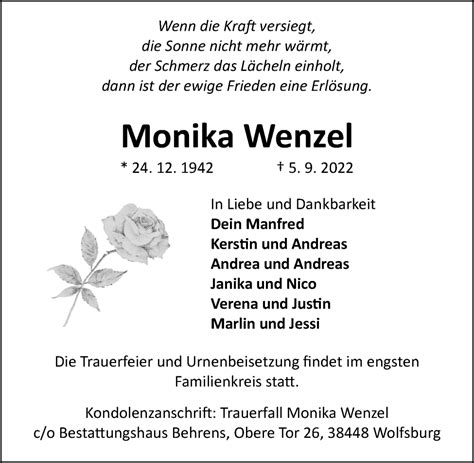 Traueranzeigen Von Monika Wenzel Trauer Anzeigen De