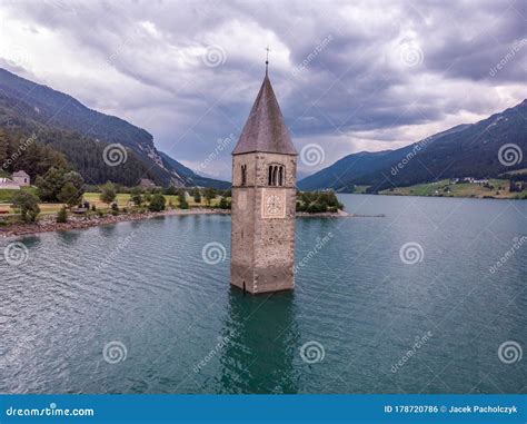 The Church Bell Tower In The Lake Resia In Italy Stock Photo Image Of