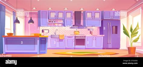 Home kitchen interior design. Vector cartoon illustration of clean dining room with blue wood ...