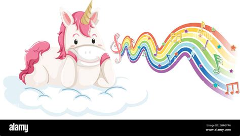 Unicorn Standing On The Cloud With Melody Symbols On Rainbow Wave