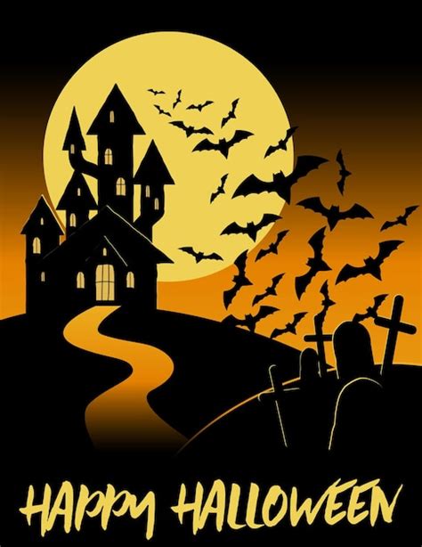 Premium Vector Halloween Haunted Castle With Cemetery And Full Moon