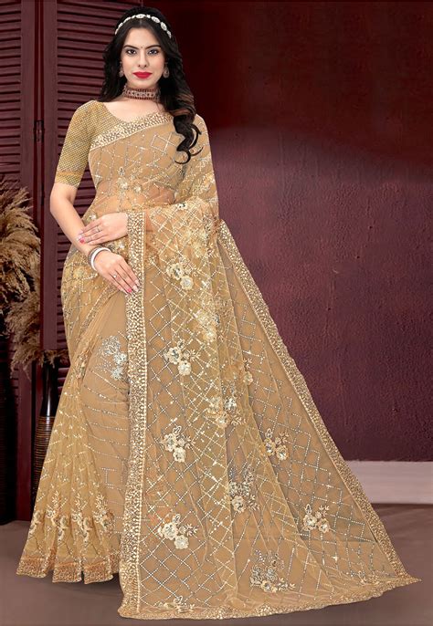 Buy Embroidered Net Saree In Beige Online SFS2290 Utsav Fashion