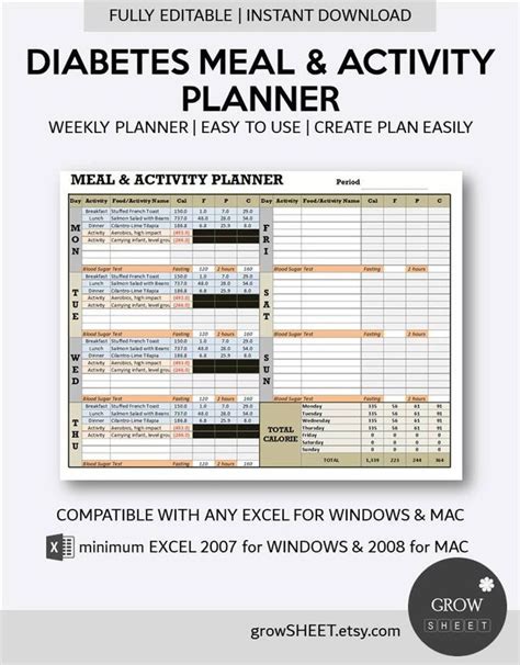 Diabetes Meal And Activity Planner Excel Template Fully Etsy Macro