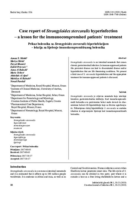 Pdf Case Report Of Strongyloides Stercoralis Hyperinfection A Lesson For The