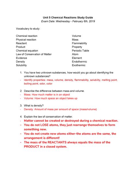 Chemical Reactions Study Guide Answer