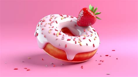 D Render Of A Glazed Donut With Pink Strawberry Glaze And A White