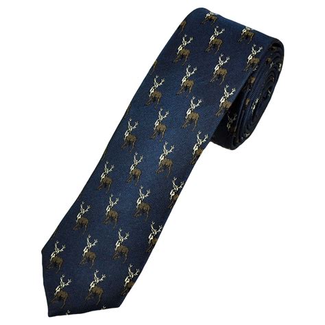 Navy Blue Christmas Reindeer Stag Luxury Silk Mens Skinny Tie From