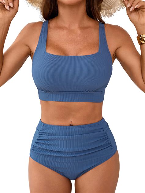 Sociala Ribbed High Waisted Bikini Sets For Womens Scoop Neck Wide Straps Bathing Suit Walmart