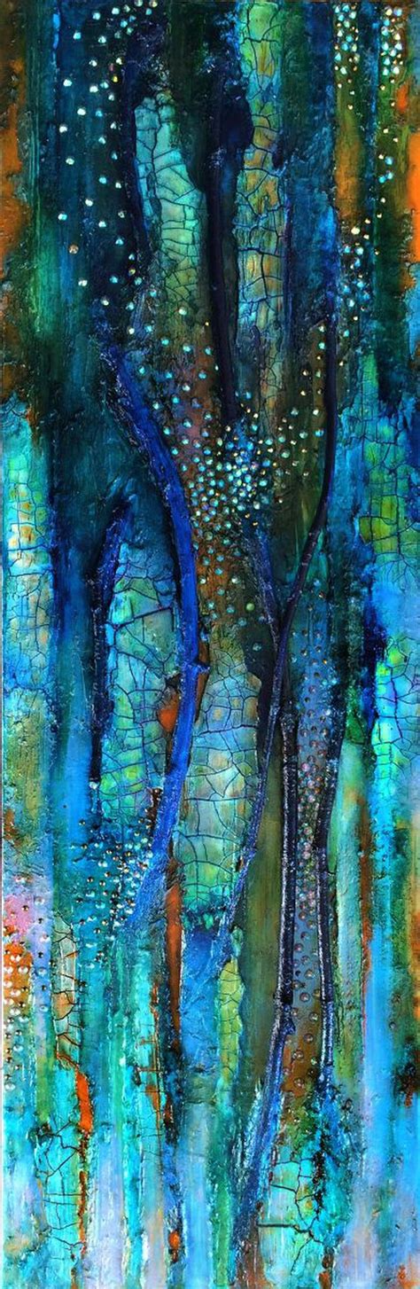 Mixed Media Canvas Eternal Spring Crackle Painting Vertical Blue