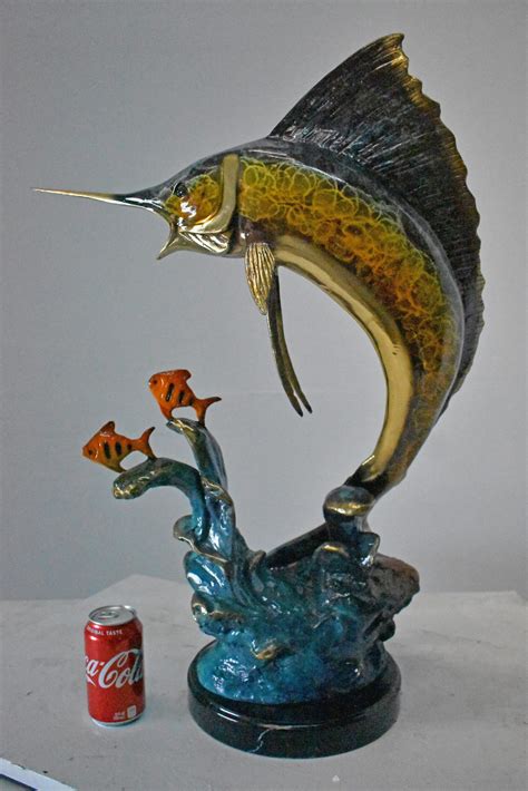 Swordfish With Two Small Fish Bronze Statue On Marble Size 21l X 13