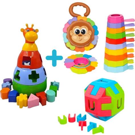 Brinquedo Educativo Para Bebê Girafa Bola Cubo e Empilha Baby kit