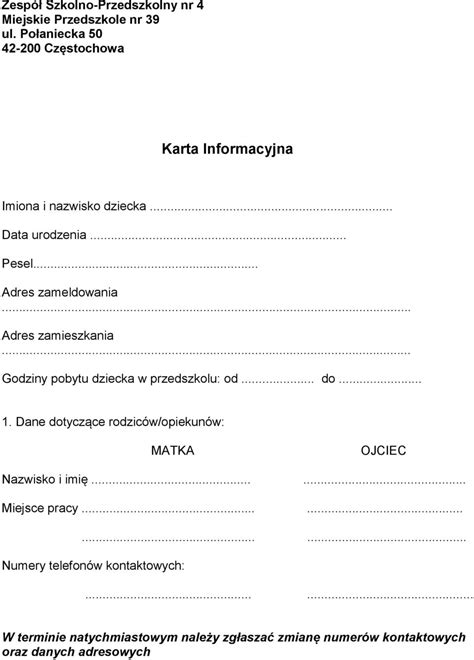 Karta Informacyjna Imiona I Nazwisko Dziecka Data Urodzenia