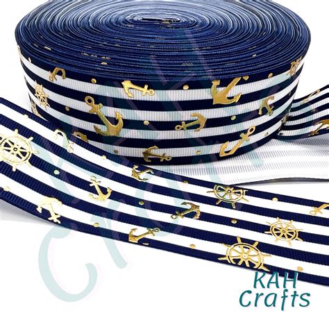 Gold Foil Anchor Navy White Stripes Grosgrain Ribbon Etsy