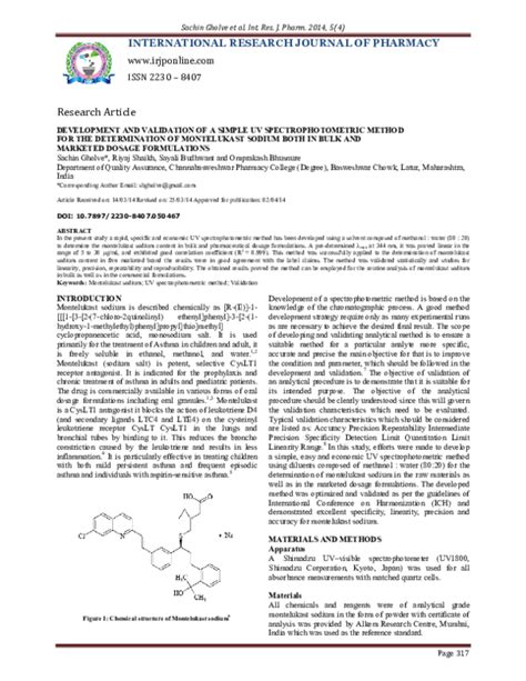 Pdf Development And Validation Of A Simple Uv Spectrophotometric Method For The Determination