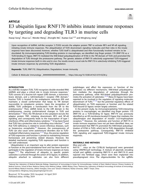 Pdf E Ubiquitin Ligase Rnf Inhibits Innate Immune Responses By