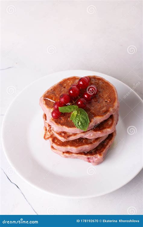 Red Currant Pancakes On A White Plate Stock Photo Image Of Pancakes