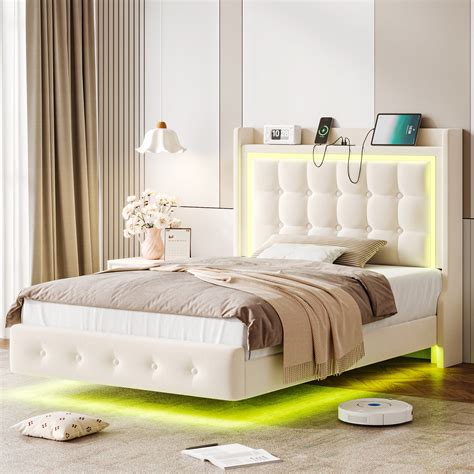 Homfa Queen Size Floating Bed With Led Lights Charging Station