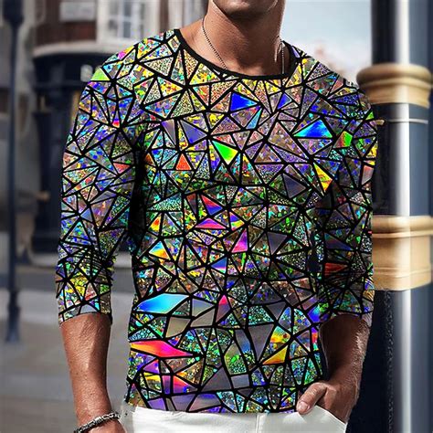 Men's Graphic Geometric T shirt Long Sleeve T shirt 3D Print Crew Neck ...