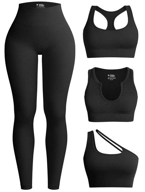 OQQ Womens 4 Piece Workout Outfits Ribbed Yoga High Waist Leggings With