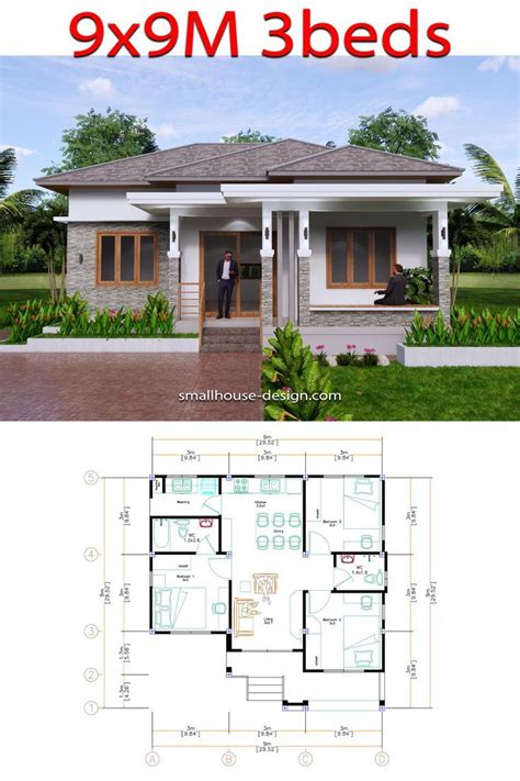 30x30 Feet Custom House Plan 9x9 Meter 3 Beds 2 Baths Hip Roof PDF Plan