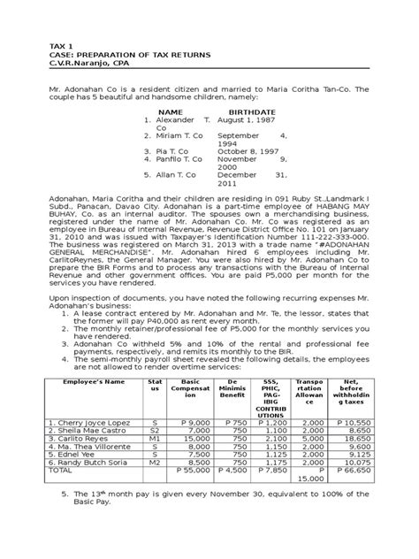 Tax 1 Comprehensive Problem For Bir Forms Pdf Withholding Tax Expense