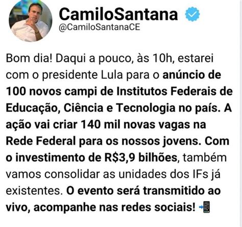 Camilo Santana anuncia presidente Lula criação de 100 novos