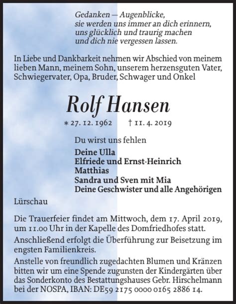 Traueranzeigen Von Rolf Hansen Sh Z Trauer