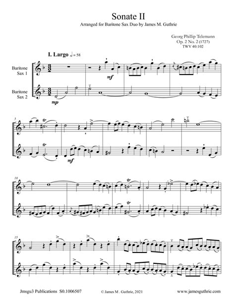 Telemann Sonata Op 2 No 2 For Baritone Sax Duo Arr James M