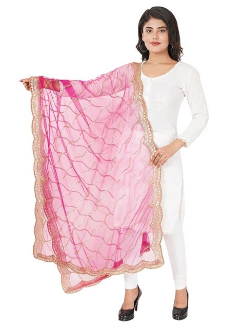 Net Cut Work Dupatta For Women Golden Zari Pink Embroidery At Rs