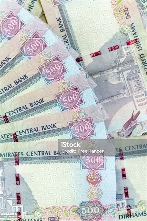 Uae Dirhams Five Hundred Banknotes Paper Money Closeup View Stock Photo