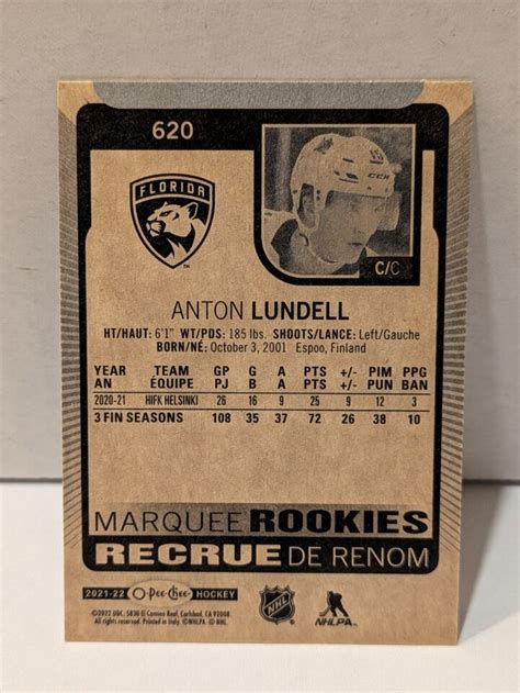 Anton Lundell Marquee Rookies 2021 22 OPC NHL Hockey 620 Florida