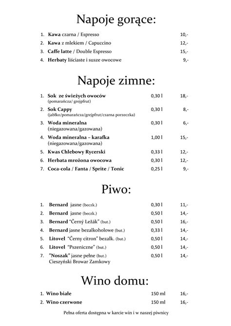 Menu Sielanka Restauracja Pokoje Hotelowe Ustro