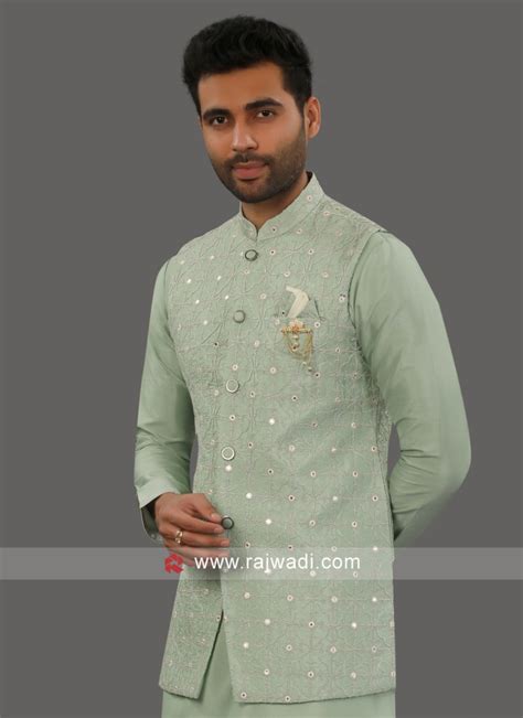 Light Pista Green Art Silk Readymade Nehru Jacket Set