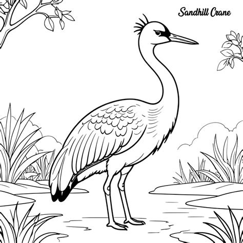 Sandhill Crane Hand Drawing Coloring Page And Outline Vector Design