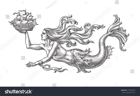 Ink Pen Drawing Swimming Mermaid Sailing Stock Illustration 776945323 ...