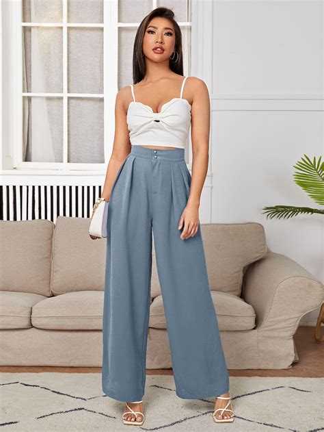 Shein Petite Pantalones De Pierna Ancha De Talle Alto Fruncido Moda